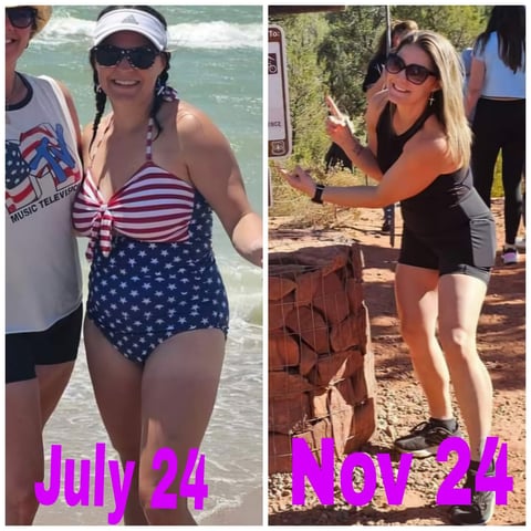 Before and after fitness transformation showing woman at beach in July and at outdoor event in August