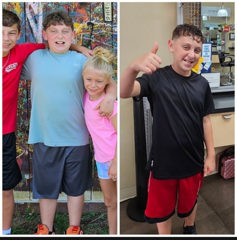 Boy in blue shirt with two other children on left; same boy in black shirt giving thumbs up in kitchen on right