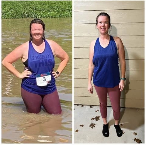 Before and after fitness transformation showing woman in water on left and standing indoors on right