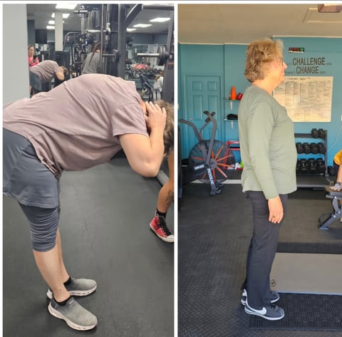 Before and after fitness transformation showing a person exercising in a gym, demonstrating workout progress over time