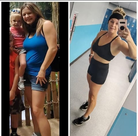 Before and after comparison photos showing a womans fitness transformation over time