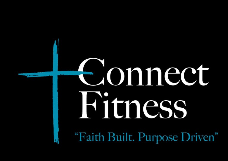 Connect Fitness logo with turquoise cross and white text on black background, tagline Faith Built Purpose Driven
